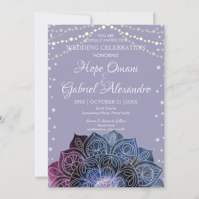 Invitation Galaxy Boho Nebula Mandala Mariage d'ampoule légèr (Devant)