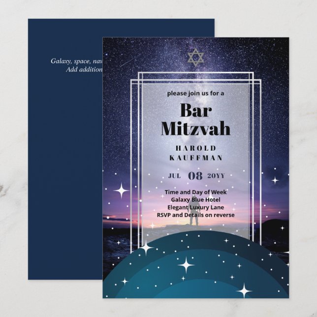 Invitation GALAXY Boys BAR MITVAH Spaceman Astronaut (Devant / Derrière)