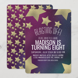 Invitation Galaxy et Gold Stars Espace Anniversaire N'importe