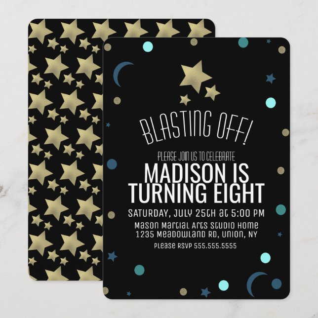 Invitation Galaxy Faux Gold Stars Confetti Space Anniversaire (Devant / Derrière)