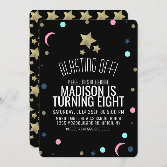 Invitation Galaxy Faux Gold Stars Confetti Space Anniversaire (Devant / Derrière)