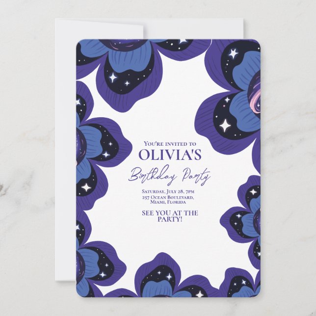 Invitation Galaxy Floral Purple Anniversaire (Devant)