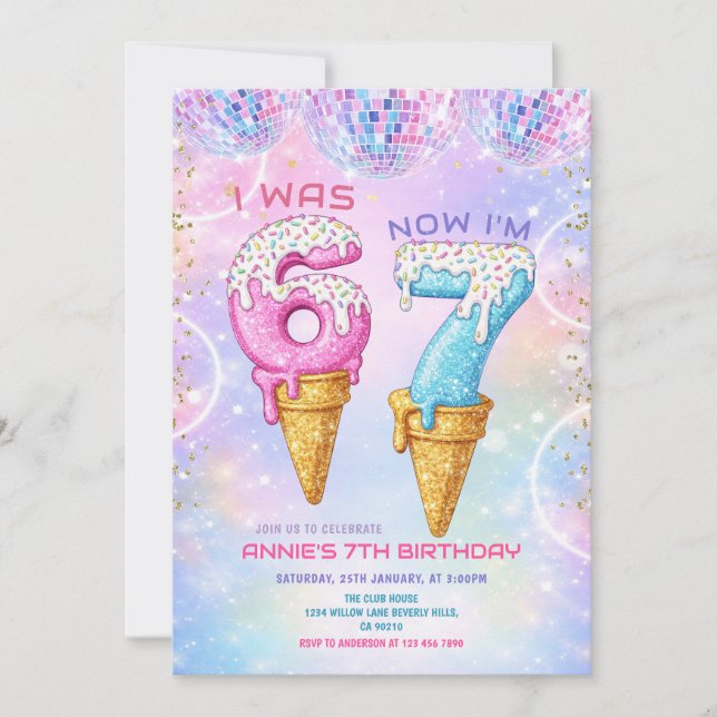 Invitation Galaxy Glitter Disco Ball 7 Anniversaire Glace  (Devant)