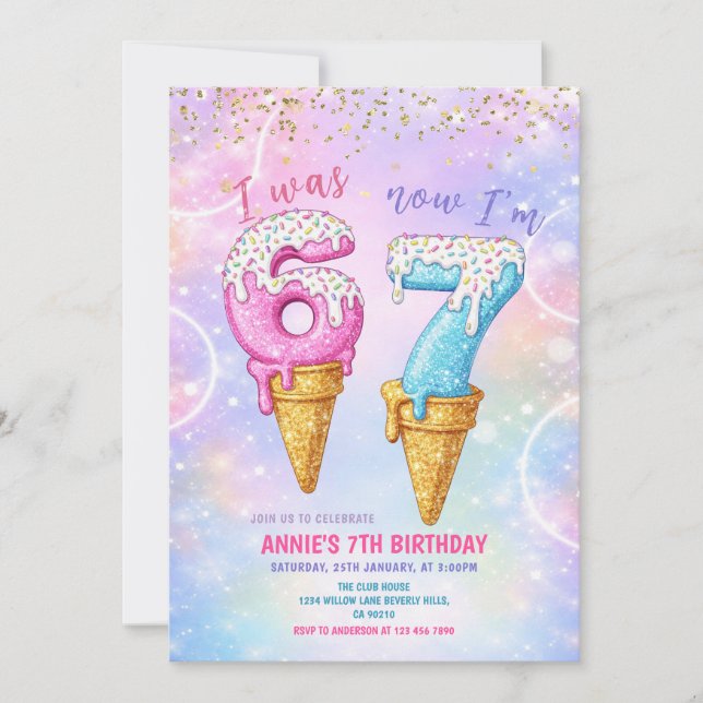 Invitation Galaxy Glitter I Was 6 Now 7 Birthday Ice Cream  (Devant)