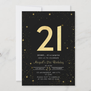 Invitation Galaxy Modern Black and Gold 21ème anniversaire fê