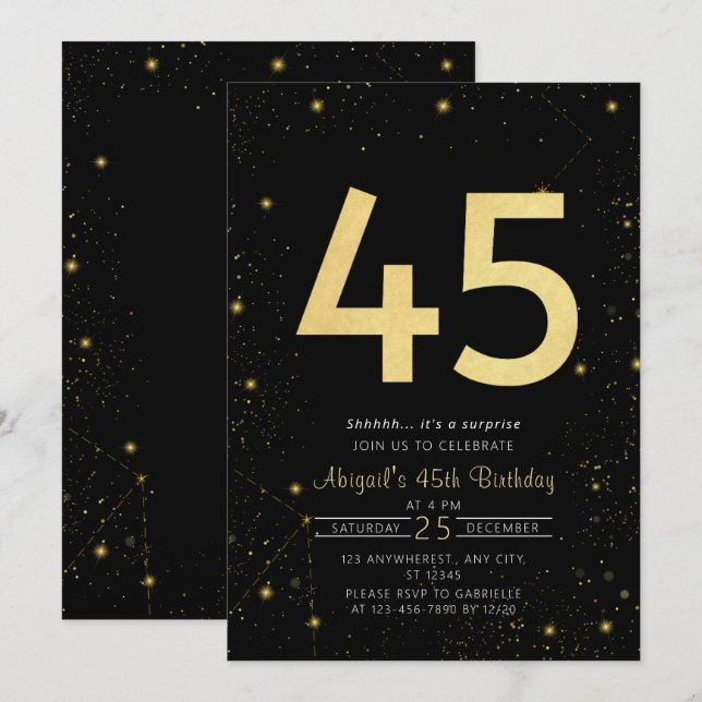 Invitation Galaxy Modern Black and Gold 45e fête d'anniversai (Devant / Derrière)