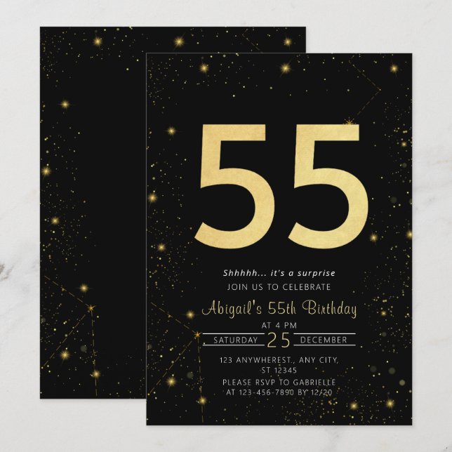 Invitation Galaxy Modern Black and Gold 55e fête d'anniversai (Devant / Derrière)