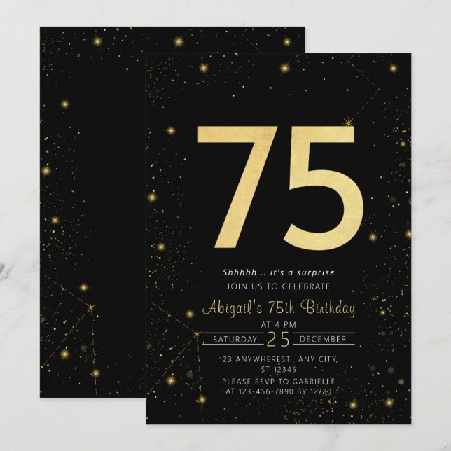 Invitation Galaxy Modern Black and Gold 75e fête d'anniversai (Devant / Derrière)