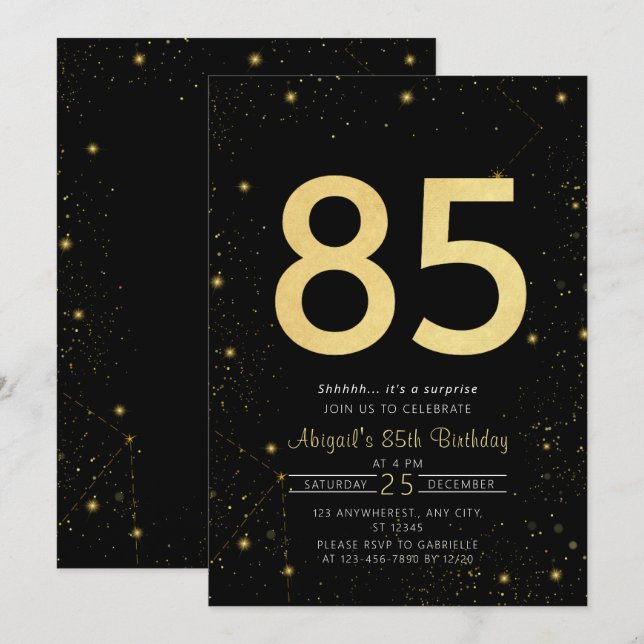 Invitation Galaxy Modern Black and Gold 85e fête d'anniversai (Devant / Derrière)