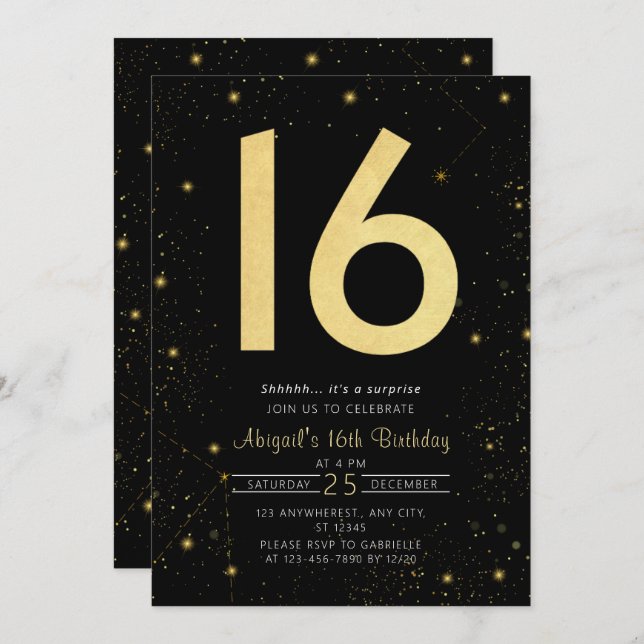 Invitation Galaxy moderne Black Gold Sweet 16e fête d'anniver (Devant / Derrière)