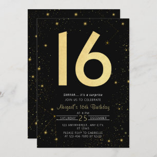Invitation Galaxy moderne Black Gold Sweet 16e fête d'anniver