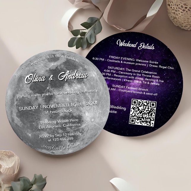 Invitation Galaxy moderne QR Code Pleine lune Mariage (Créateur téléchargé)