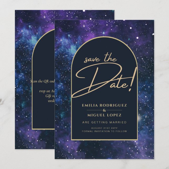 Invitation Galaxy Purple Blue Starry Mariage de nuit Date de  (Devant / Derrière)