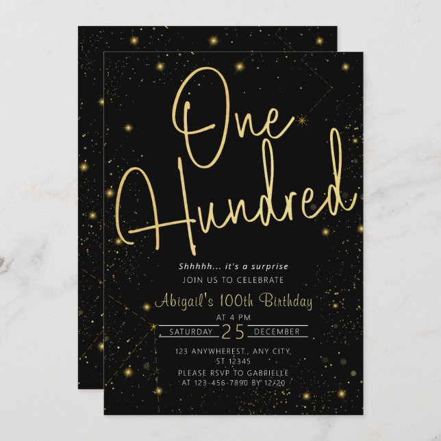 Invitation Galaxy Script Black and Gold 100e fête d'anniversa (Devant / Derrière)