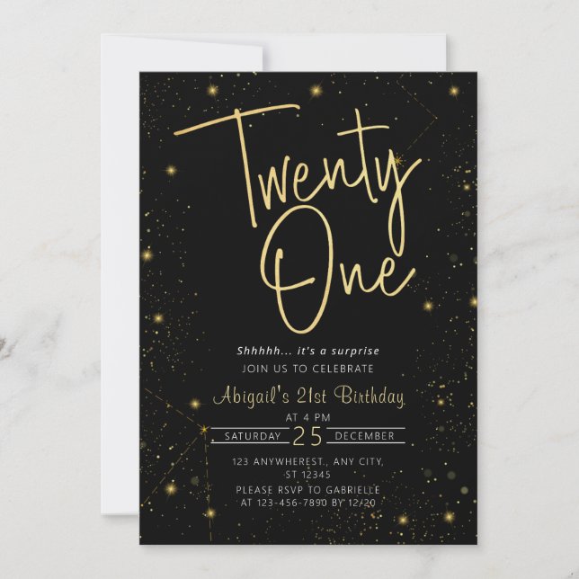 Invitation Galaxy Script Black and Gold 21e fête d'anniversai (Devant)