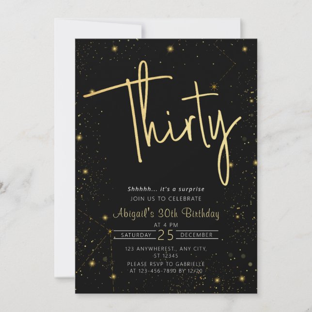 Invitation Galaxy Script Black and Gold 30th Birthday Party (Devant)