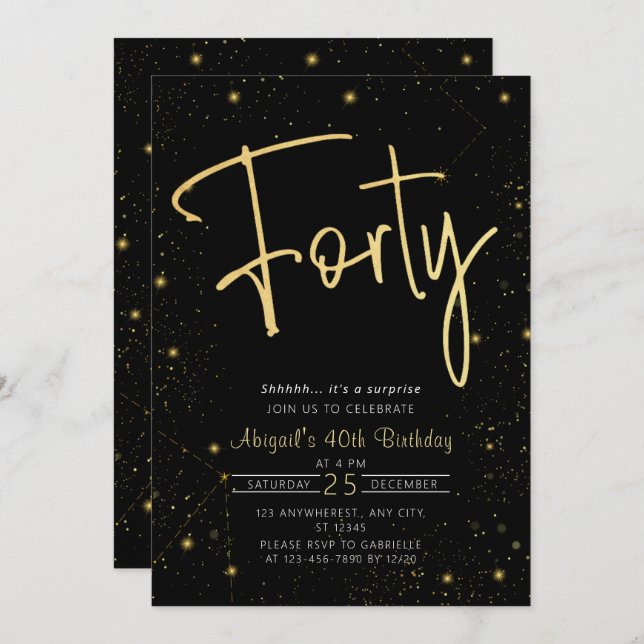 Invitation Galaxy Script Black and Gold 40th Birthday Party (Devant / Derrière)