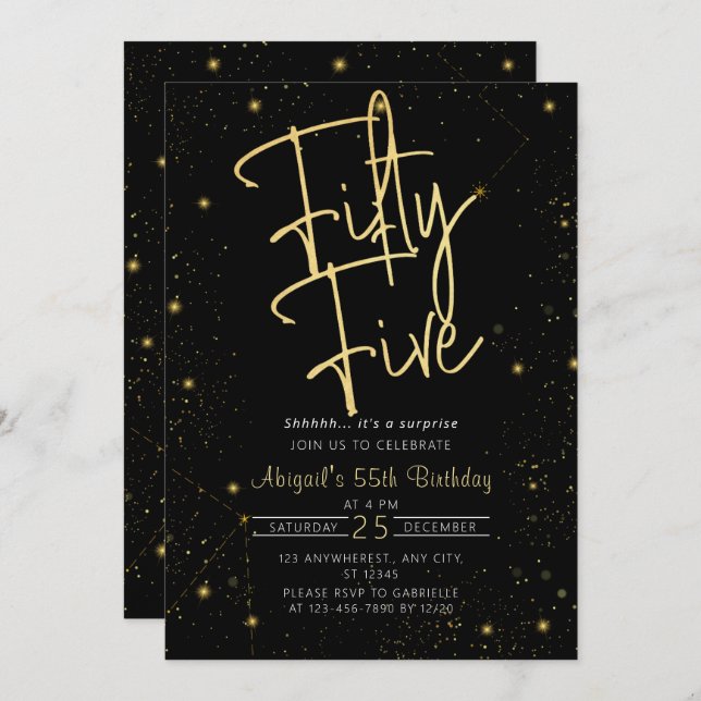 Invitation Galaxy Script Black and Gold 55e fête d'anniversai (Devant / Derrière)