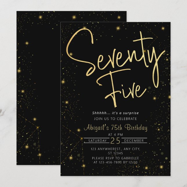 Invitation Galaxy Script Black and Gold 75e fête d'anniversai (Devant / Derrière)