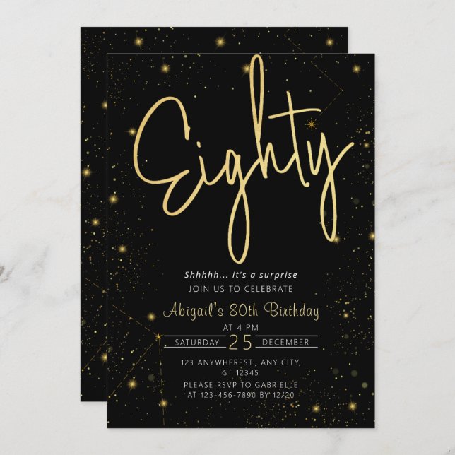 Invitation Galaxy Script Black and Gold 80th Birthday Party (Devant / Derrière)