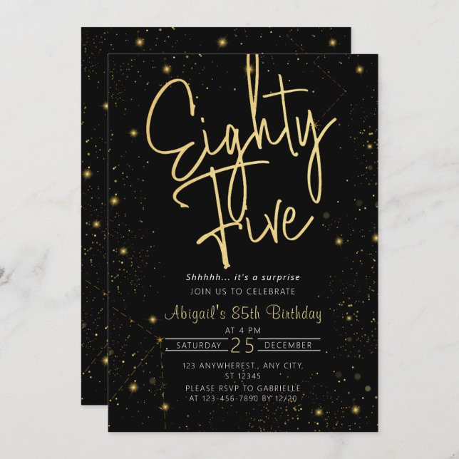 Invitation Galaxy Script Black and Gold 85e fête d'anniversai (Devant / Derrière)