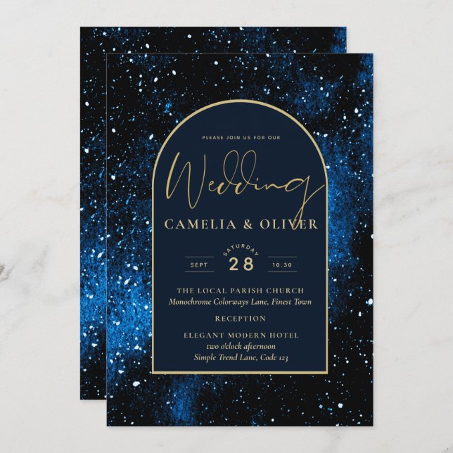 Invitation Galaxy Starry Night Marine Blue Gold Mariage (Devant / Derrière)