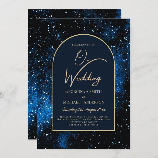 Invitation Galaxy Starry Night Marine Blue Gold Mariage (Devant / Derrière)