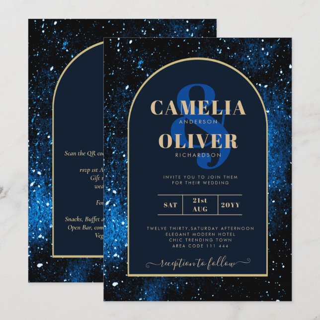 Invitation Galaxy Starry Night Marine Blue Gold Mariage (Devant / Derrière)