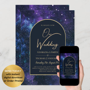Invitation Galaxy Starry Nuit violet bleu Mariage or