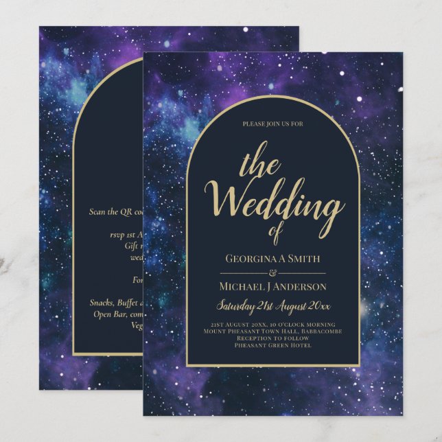 Invitation Galaxy Starry Nuit violet bleu Mariage or (Devant / Derrière)