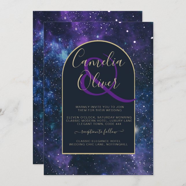Invitation Galaxy Starry Nuit violet bleu Mariage or (Devant / Derrière)