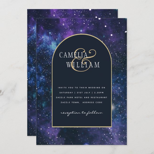 Invitation Galaxy Starry Nuit violet Mariage bleu (Devant / Derrière)