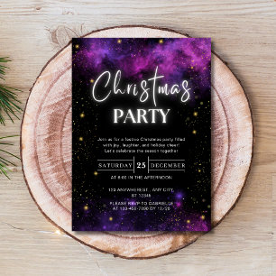 Invitation Galaxy Starry Space Neon Black Christmas Party
