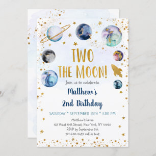 Invitation Galaxy Two The Moon Blue Gold Outer Space Annivers