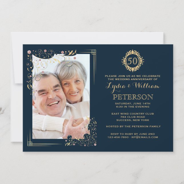 Invitation Galded Corners Photo Golden Anniversaire Invitatio (Devant)