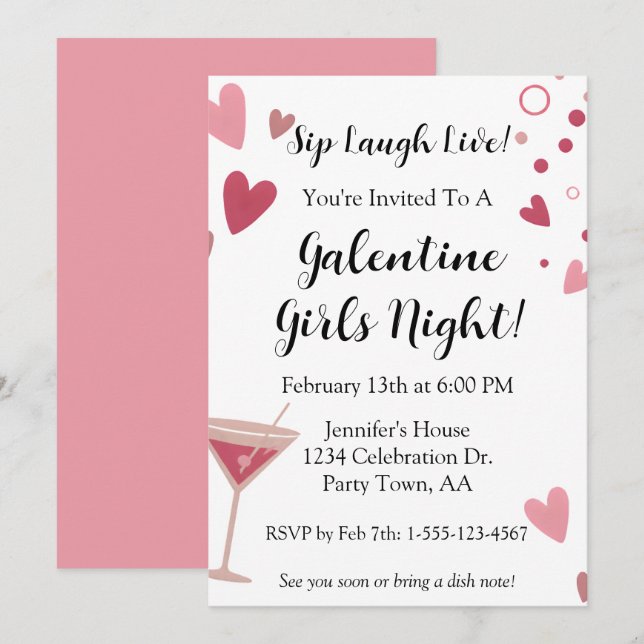 Invitation Galentine Filles Soirée Martini Rose (Devant / Derrière)