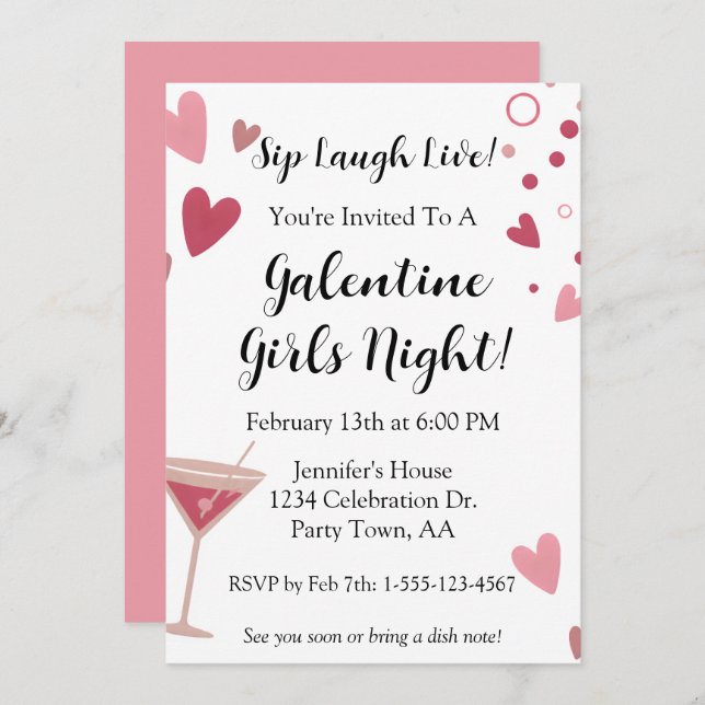 Invitation Galentine Girls Night Out Martini Pink (Devant / Derrière)