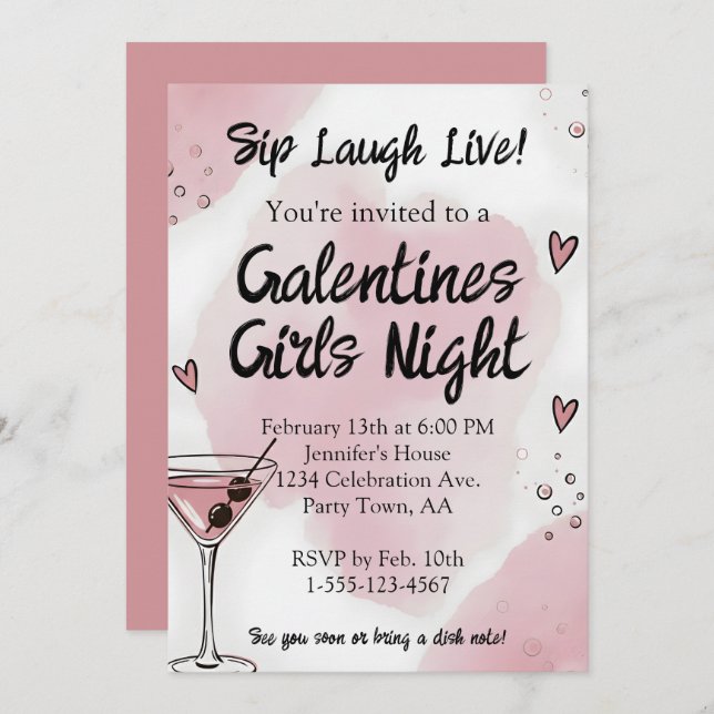 Invitation Galentine Girls Night Out Martini Pink and Black (Devant / Derrière)