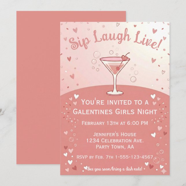 Invitation Galentine Girls Night Out Sip Laugh Live in Pink  (Devant / Derrière)