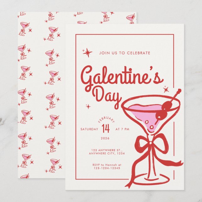 Invitation Galentine’s Day Cocktail Ruban Rouge Cr (Devant / Derrière)