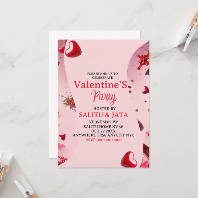 Invitation Galentine’s Party Invitation, Pink Heart & Bow Bir (Devant/Arrière en situation)