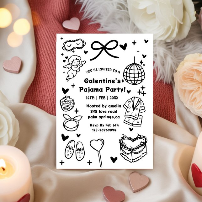 Invitation Galentine’s Pyjama, Saint-Valentin de Nuit Dessiné (Créateur téléchargé)