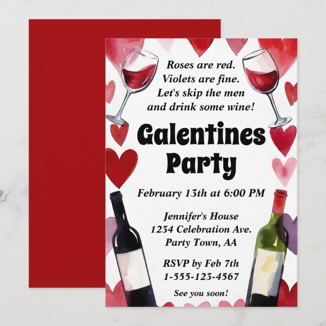 Invitation Galentine Vin Cœurs Drôle Soirée Filles (Devant / Derrière)