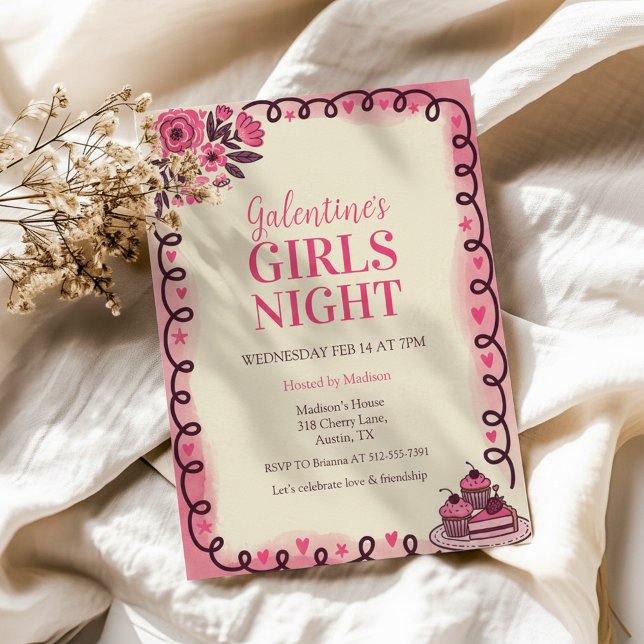 Invitation Galentine's à bordure de volutes (Pink Watercolor Invite)