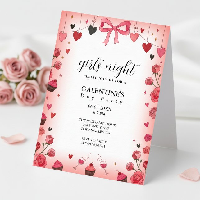 Invitation Galentine's au nœud ruban rose (Soft Feminine Design)