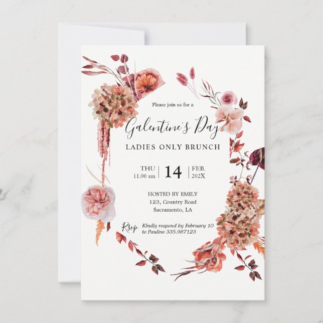 Invitation Galentine's Day Boho floral moderne rose Invitatio (Devant)