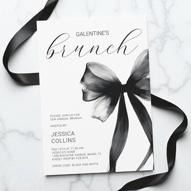 Invitation Galentine's Day Brunch Party avec Ruban (Script Black Bow Galentine's Day Brunch Party Invitation)