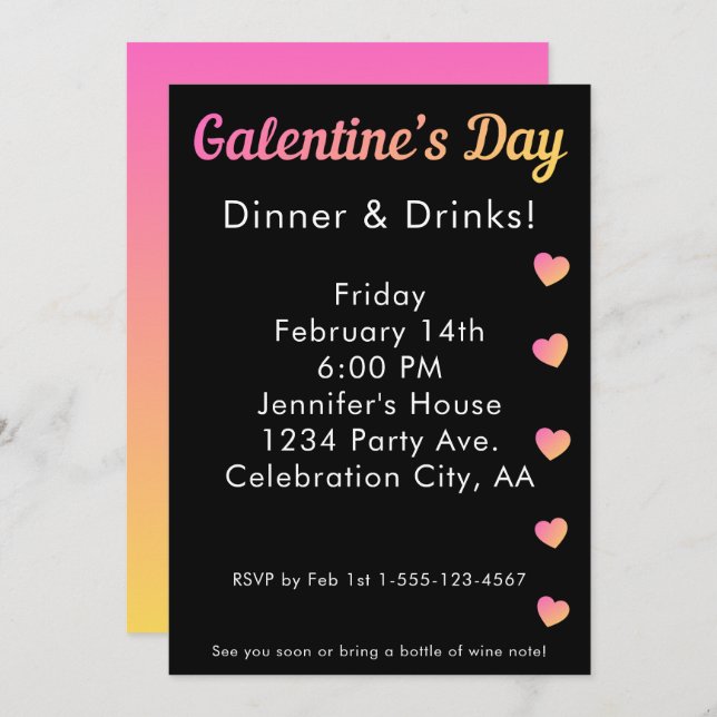 Invitation Galentines Day Dinner Drinks Pink Black Party (Devant / Derrière)