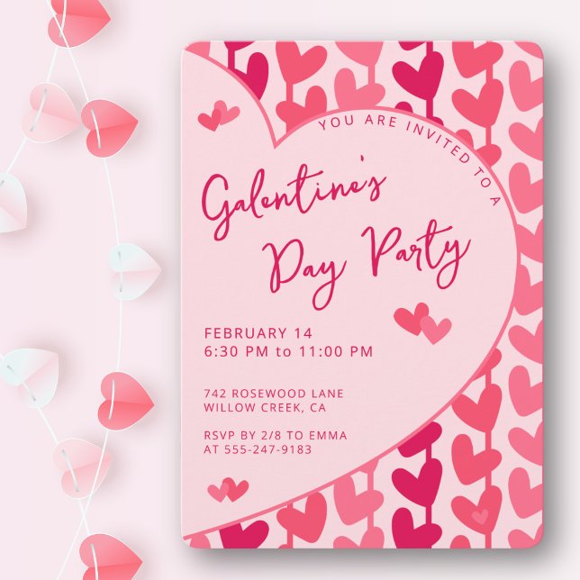 Invitation Galentine's Day Party Red Pink Hearts Modern  (Bold pink & red for the perfect girls’ night. Fully customizable party details.)
