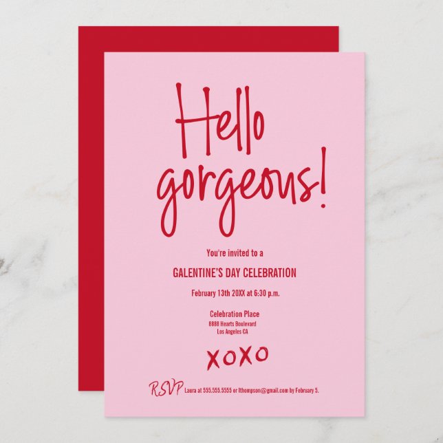 Invitation Galentine's Day PINK RED Hello gorgeous XOXO (Devant / Derrière)